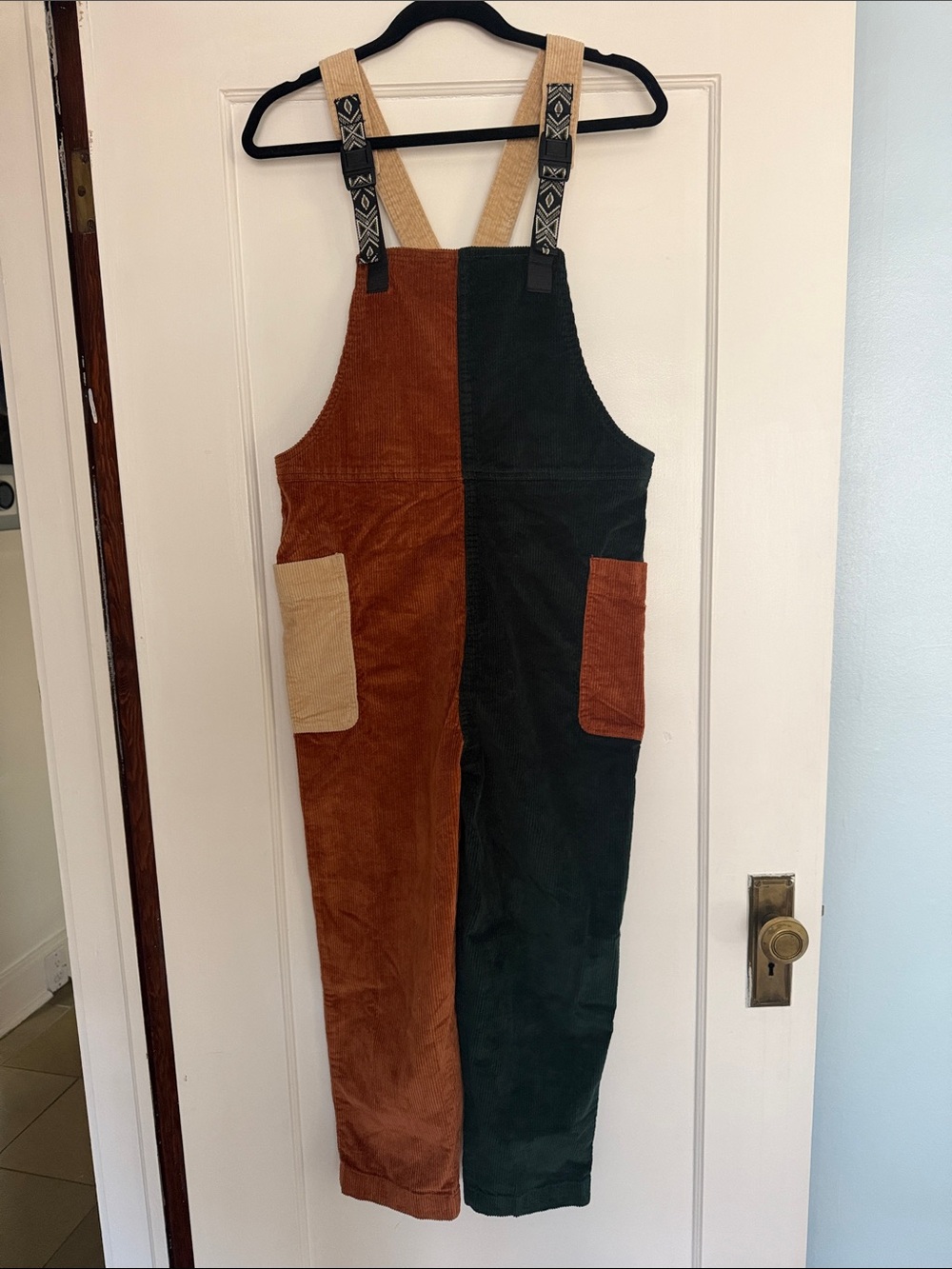 Brand New Kavu Two-Tone Corduroy Overalls in Brown & Dark Green with Tan Straps